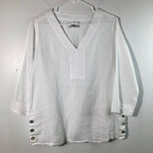 Womens Sigrid Olsen Linen V Neck Pleat Front Tunic 3/4 Sleeve Button Detail Whit